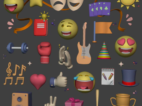 Cartoon Icons Pack - Hand - Social Media - Smiley Emoji - Game Controller - Sport - Theater Mask 3D Model