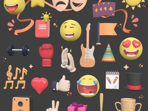 Cartoon Icons Pack - Hand - Social Media - Smiley Emoji - Game Controller - Sport - Theater Mask 3D Model