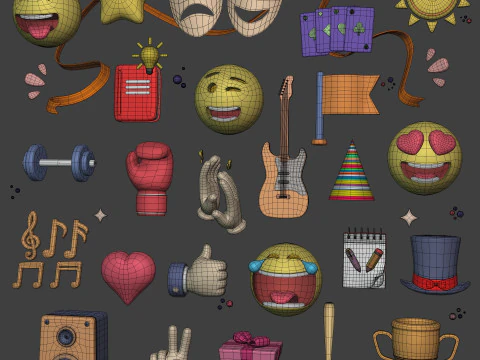 Cartoon Icons Pack - Hand - Social Media - Smiley Emoji - Game Controller - Sport - Theater Mask 3D Model