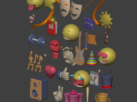 Cartoon Icons Pack - Hand - Social Media - Smiley Emoji - Game Controller - Sport - Theater Mask 3D Model