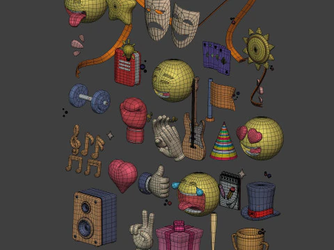Cartoon Icons Pack - Hand - Social Media - Smiley Emoji - Game Controller - Sport - Theater Mask 3D Model