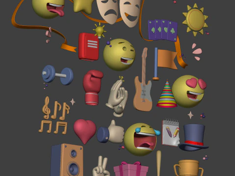 Cartoon Icons Pack - Hand - Social Media - Smiley Emoji - Game Controller - Sport - Theater Mask 3D Model