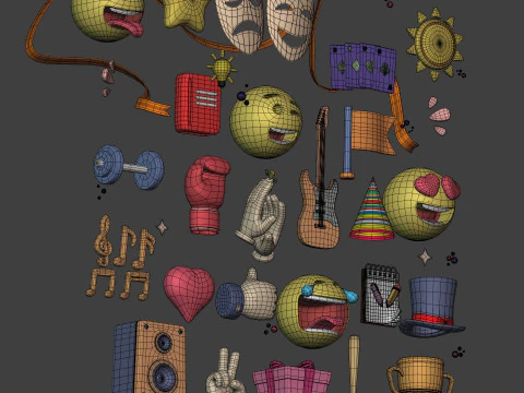 Cartoon Icons Pack - Hand - Social Media - Smiley Emoji - Game Controller - Sport - Theater Mask 3D Model