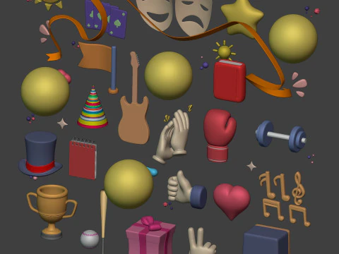 Cartoon Icons Pack - Hand - Social Media - Smiley Emoji - Game Controller - Sport - Theater Mask 3D Model
