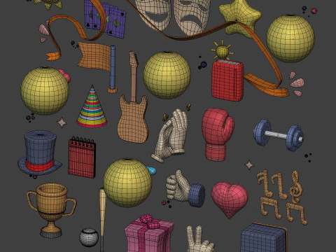 Cartoon Icons Pack - Hand - Social Media - Smiley Emoji - Game Controller - Sport - Theater Mask 3D Model