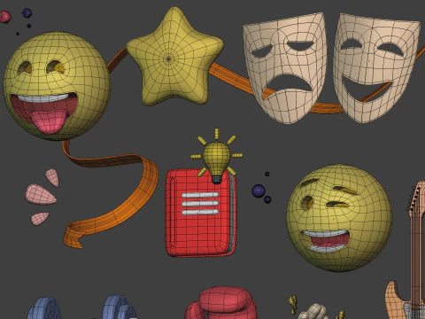 Cartoon Icons Pack - Hand - Social Media - Smiley Emoji - Game Controller - Sport - Theater Mask 3D Model