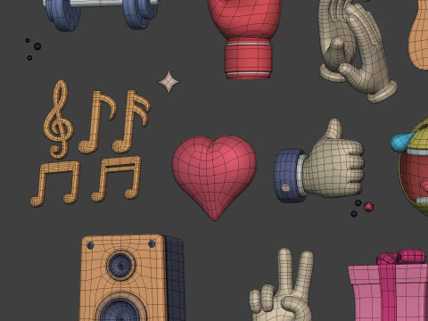 Cartoon Icons Pack - Hand - Social Media - Smiley Emoji - Game Controller - Sport - Theater Mask 3D Model