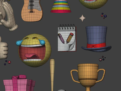 Cartoon Icons Pack - Hand - Social Media - Smiley Emoji - Game Controller - Sport - Theater Mask 3D Model