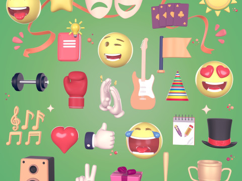 Pack d'ic&ocirc;nes de dessin anim&eacute; - Main - M&eacute;dias sociaux - Smiley Emoji - Contr&ocirc;leur de jeu - Sport - Masque de th&eacute;&acirc;tre Modèle 3D