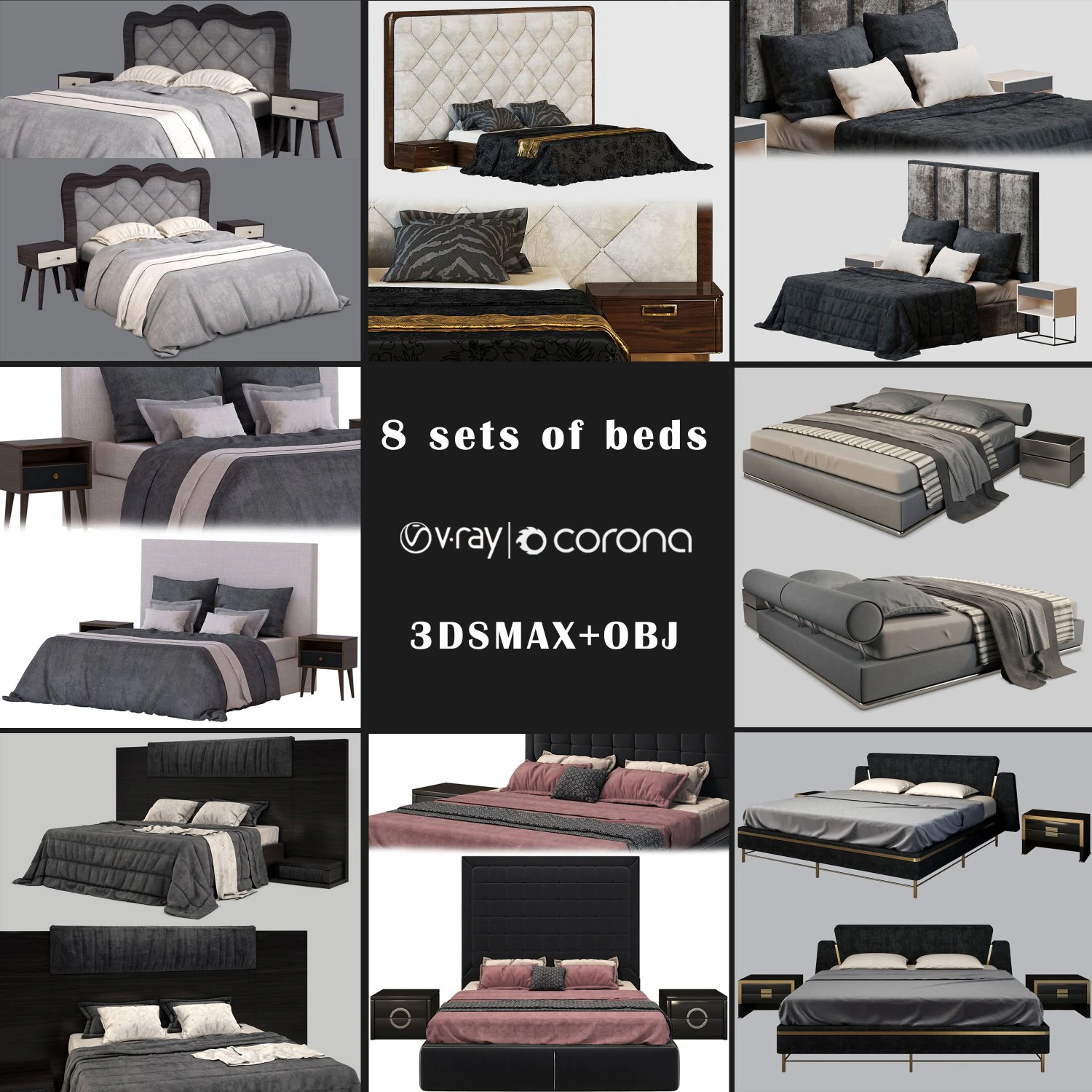 8 sets of beds - pack 3D Model .c4d .max .obj .3ds .fbx .stl .blend