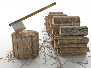 firewood log pile with ax Modello 3D