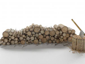 firewood log pile with ax 3D Model