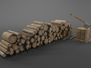 firewood log pile with ax Modello 3D