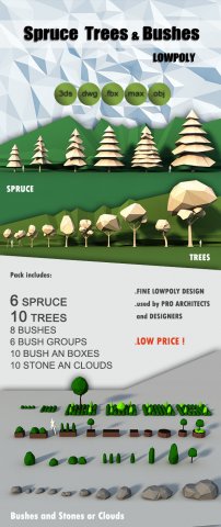 lowpoly trees spruce bushes stones pack 3D 모델 .c4d .max .obj .3ds .fbx .stl .blend 