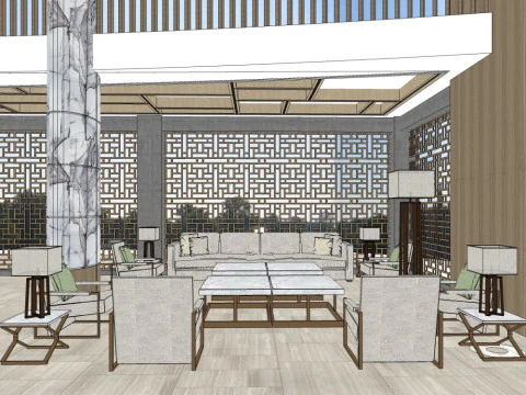 호텔 로비의 인테리어 디자인 3D 모델