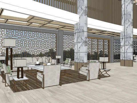 호텔 로비의 인테리어 디자인 3D 모델