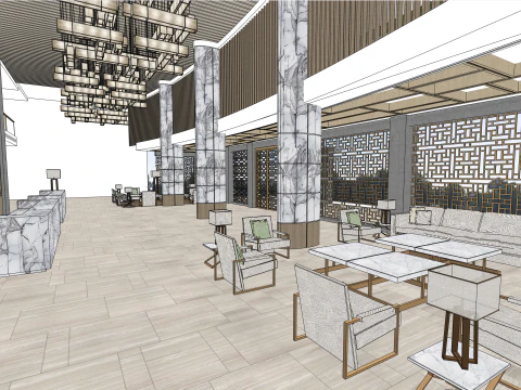 호텔 로비의 인테리어 디자인 3D 모델