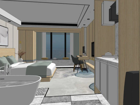 आधुनिक चीनी शैली के होटल के कमरे 3D मॉडल