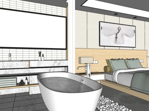 आधुनिक चीनी शैली के होटल के कमरे 3D मॉडल