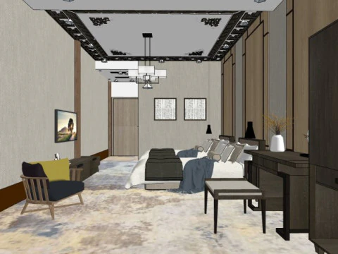 Дизайн готельного номера в китайському стилі 3D Модель