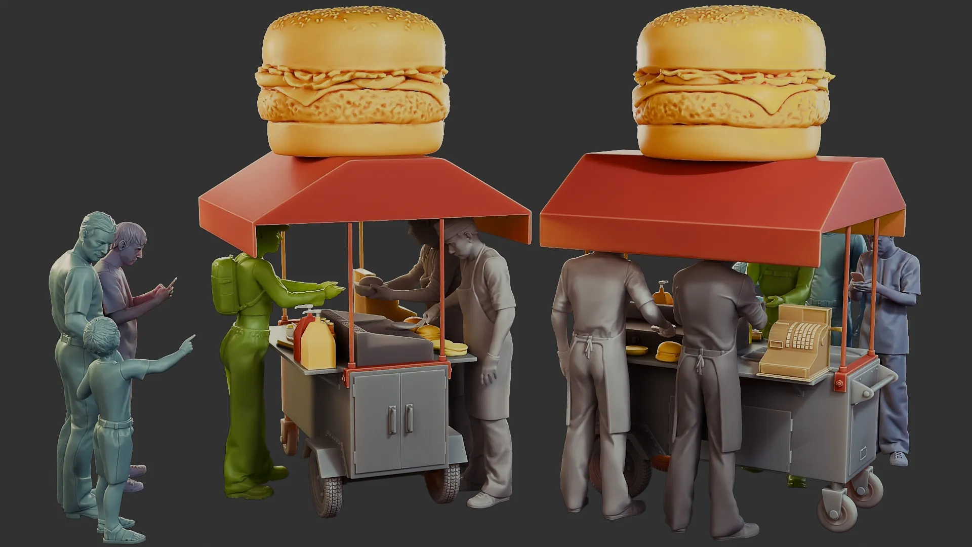 Hamburguer Street Cart Diorama Pack 3D Print Model .c4d .max .obj .3ds .fbx .stl .blend