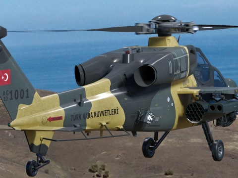 Atak T129 Helicopter-Rigged - with Cocpit-Changeable decal-text Modelo 3D