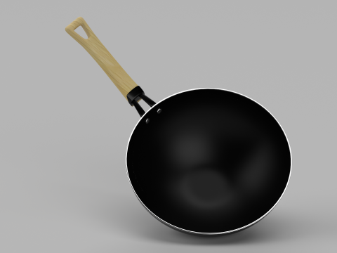 Carbon Steel Wok Pan with Wooden Handle Model 3D