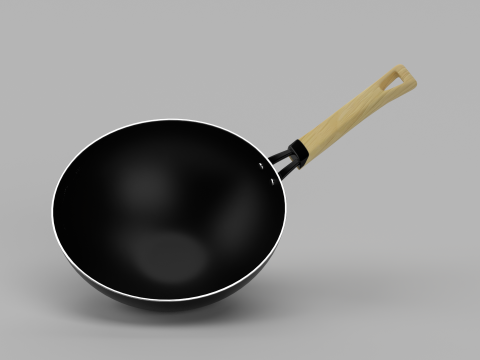 Carbon Steel Wok Pan with Wooden Handle 3D Модель