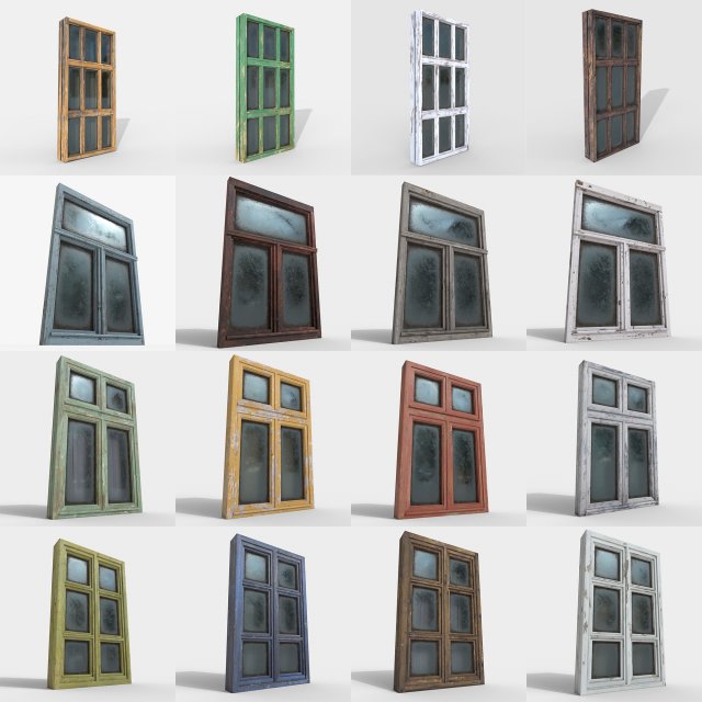pack of 4 different old wooden windows pbr Modelo 3D .c4d .max .obj .3ds .fbx .stl .blend 