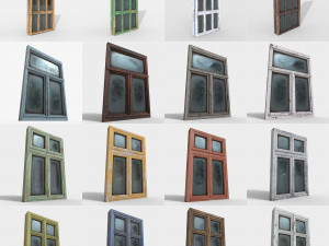 pack of 4 different old wooden windows pbr 3D Model