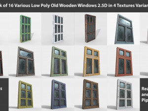 pack of 4 different old wooden windows pbr Modelo 3D