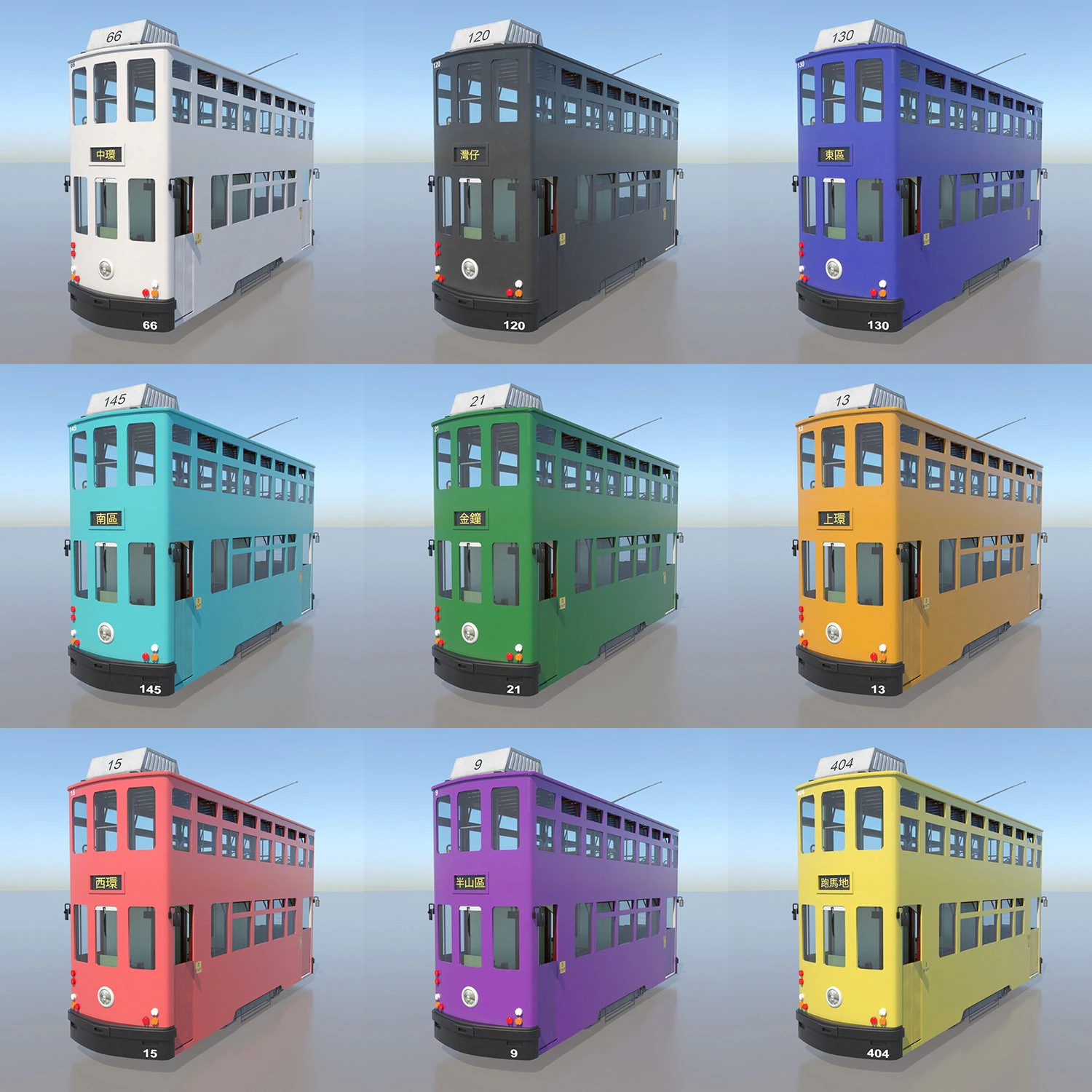 hong kong tram 9 different colors pbr 3D Model .c4d .max .obj .3ds .fbx .stl .blend 