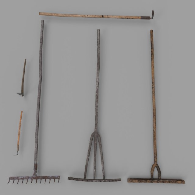 pack of 6 medieval farm rakes and hoe Model 3D .c4d .max .obj .3ds .fbx .stl .blend 