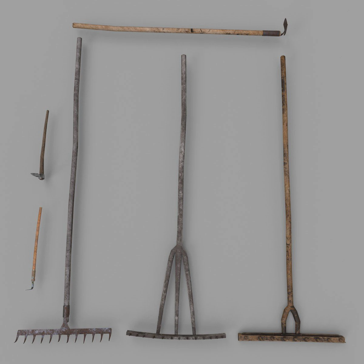 pacote de 6 ancinhos agr&iacute;colas medievais e enxada Modelo 3D .c4d .max .obj .3ds .fbx .stl .blend 