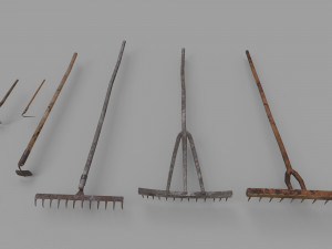 pack of 6 medieval farm rakes and hoe Model 3D