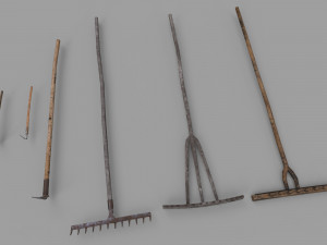 pack of 6 medieval farm rakes and hoe Model 3D