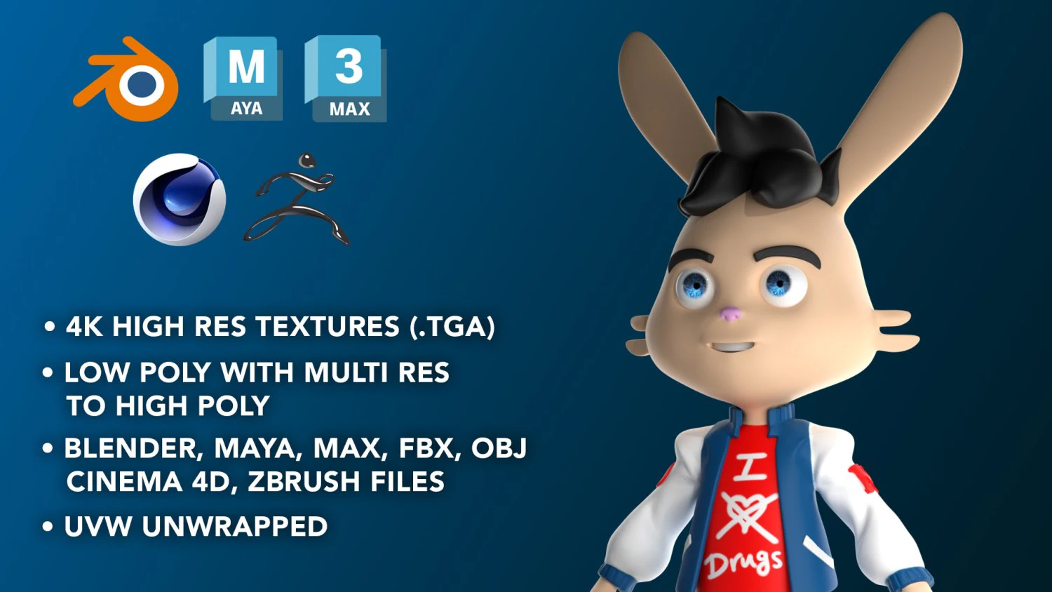 Cartoon Rabbit 3D Model .c4d .max .obj .3ds .fbx .stl .blend 