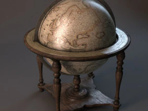 vintage world globe on wooden stand pbr- 3D Model