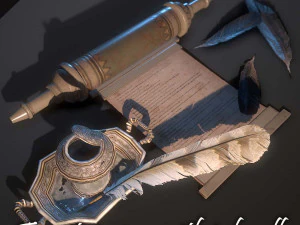 penna stilografica con calamaio pbr low-poly Modello 3D