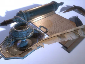 钢笔与墨水池 PBR 低聚 3D 模型