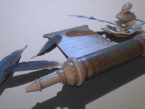 钢笔与墨水池 PBR 低聚 3D 模型