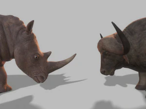Бык и носорог сражаются в низкополигональной игре 3D Модель