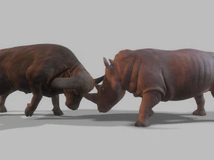 Бык и носорог сражаются в низкополигональной игре 3D Модель