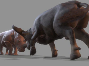 Бык и носорог сражаются в низкополигональной игре 3D Модель