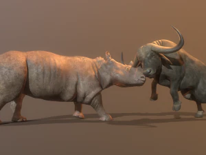 Бык и носорог сражаются в низкополигональной игре 3D Модель
