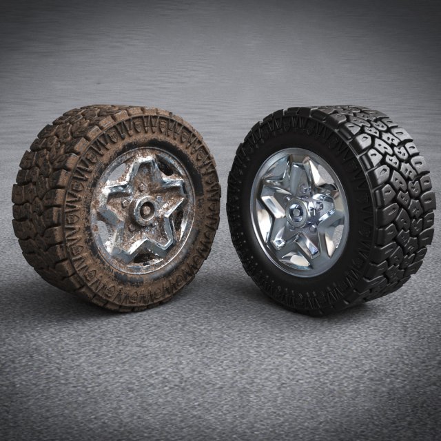 3d dirty and clean hi poly offroad tires with rim model 3D Model .c4d .max .obj .3ds .fbx .stl .blend 