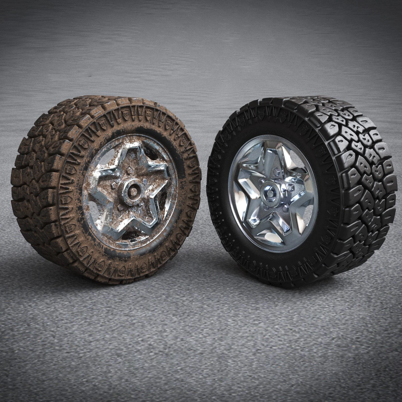 3d dirty and clean hi poly offroad tires with rim model 3D Model .c4d .max .obj .3ds .fbx .stl .blend