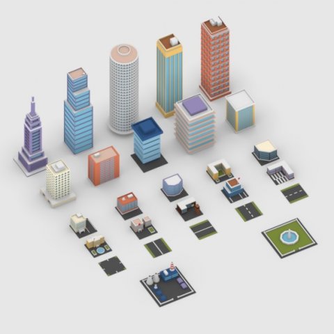 Low Poly City Buildings Pack 3D Model .c4d .max .obj .3ds .fbx .stl .blend 