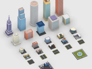 D&uuml;ş&uuml;k Poli Şehir Binaları Paketi 3D Model