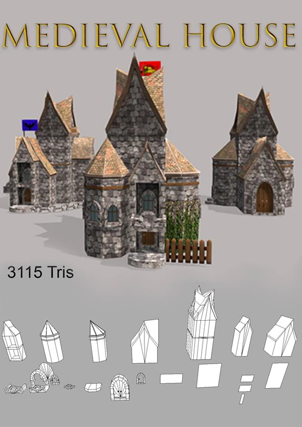 d&uuml;ş&uuml;k poli orta&ccedil;ağ evleri 3D Model .c4d .max .obj .3ds .fbx .stl .blend 